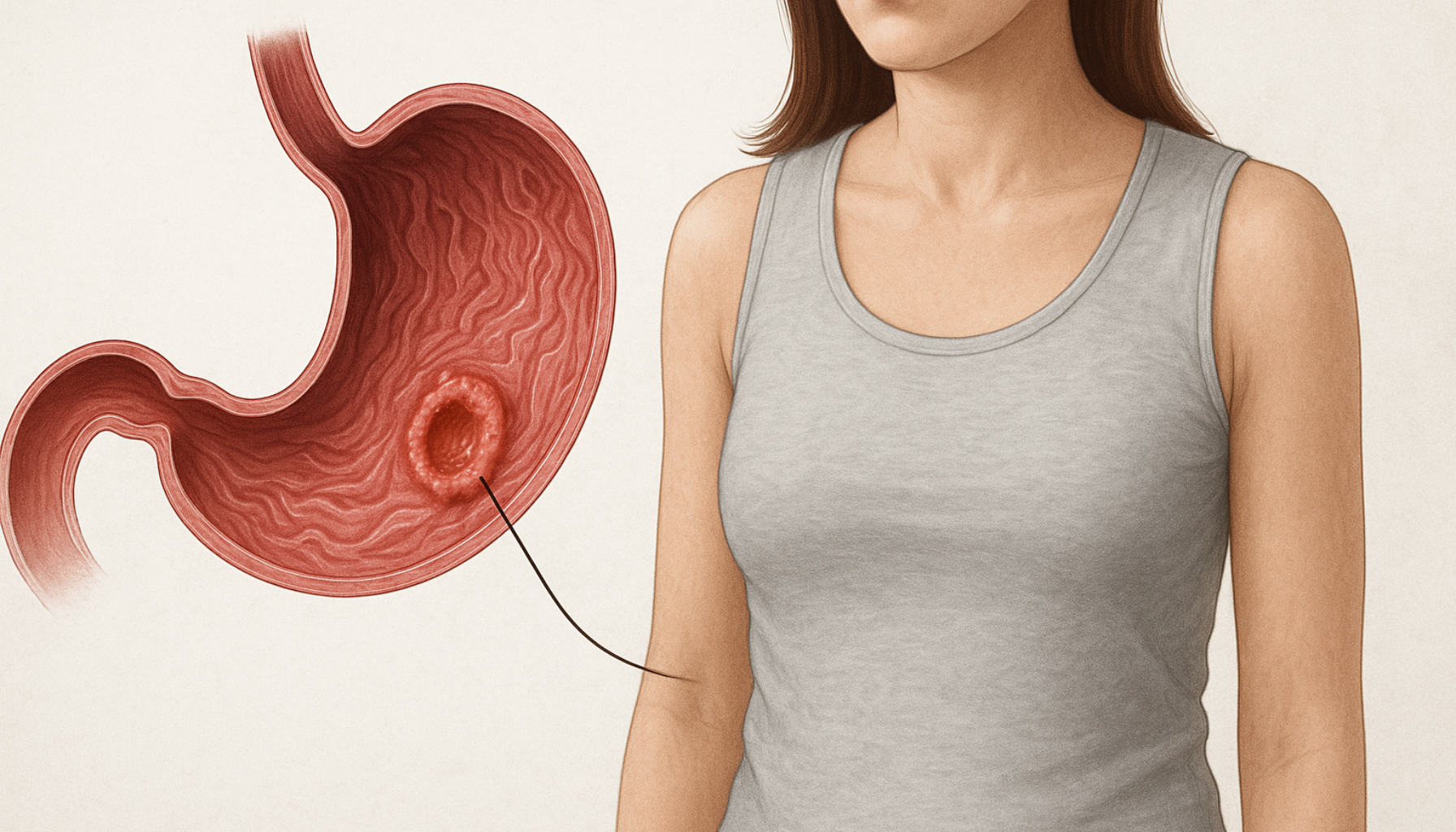 Illustrasjon av mage med synlig magesår, viser betennelse og smerteområde hos kvinne i grå topp.