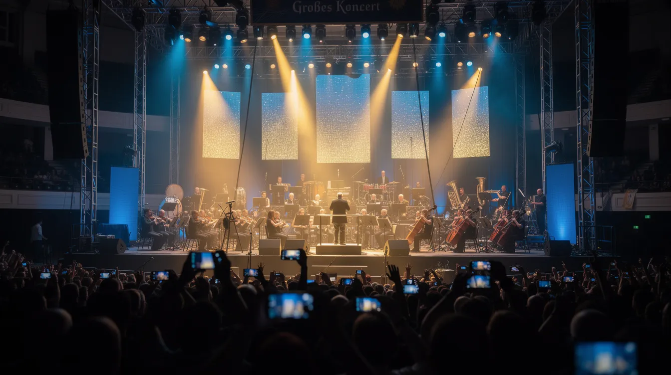 Die große Konzertbühne ist mit einem Orchester besetzt, während eine dramatische Lichtshow in Blau und Gold die Atmosphäre beleuchtet. Im Vordergrund ist ein begeistertes Publikum zu sehen, das die Filmmusik von Hans Zimmer genießt.