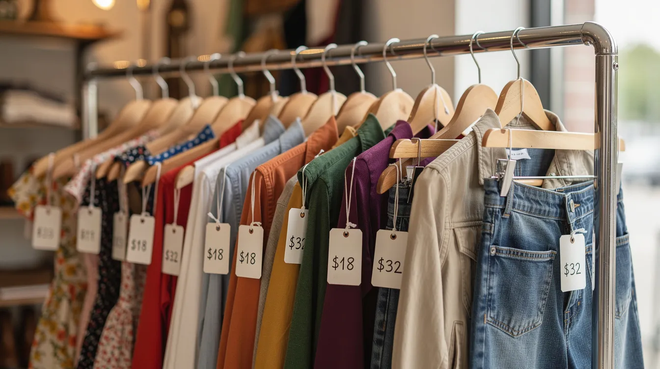 A clothing rack displays various fashion and lifestyle products, each with a price tag, indicating a resale or consignment setting. This arrangement suggests an online marketplace context, where casual sellers can list items for local sales or through platforms similar to eBay.
