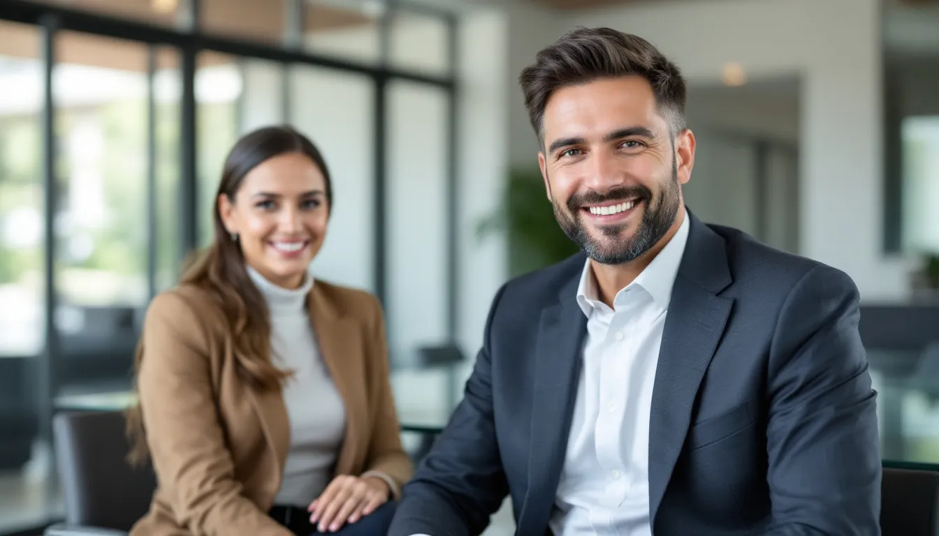 A satisfied client discussing their experience with a trust litigation attorney, with a blurred logo in the corner.