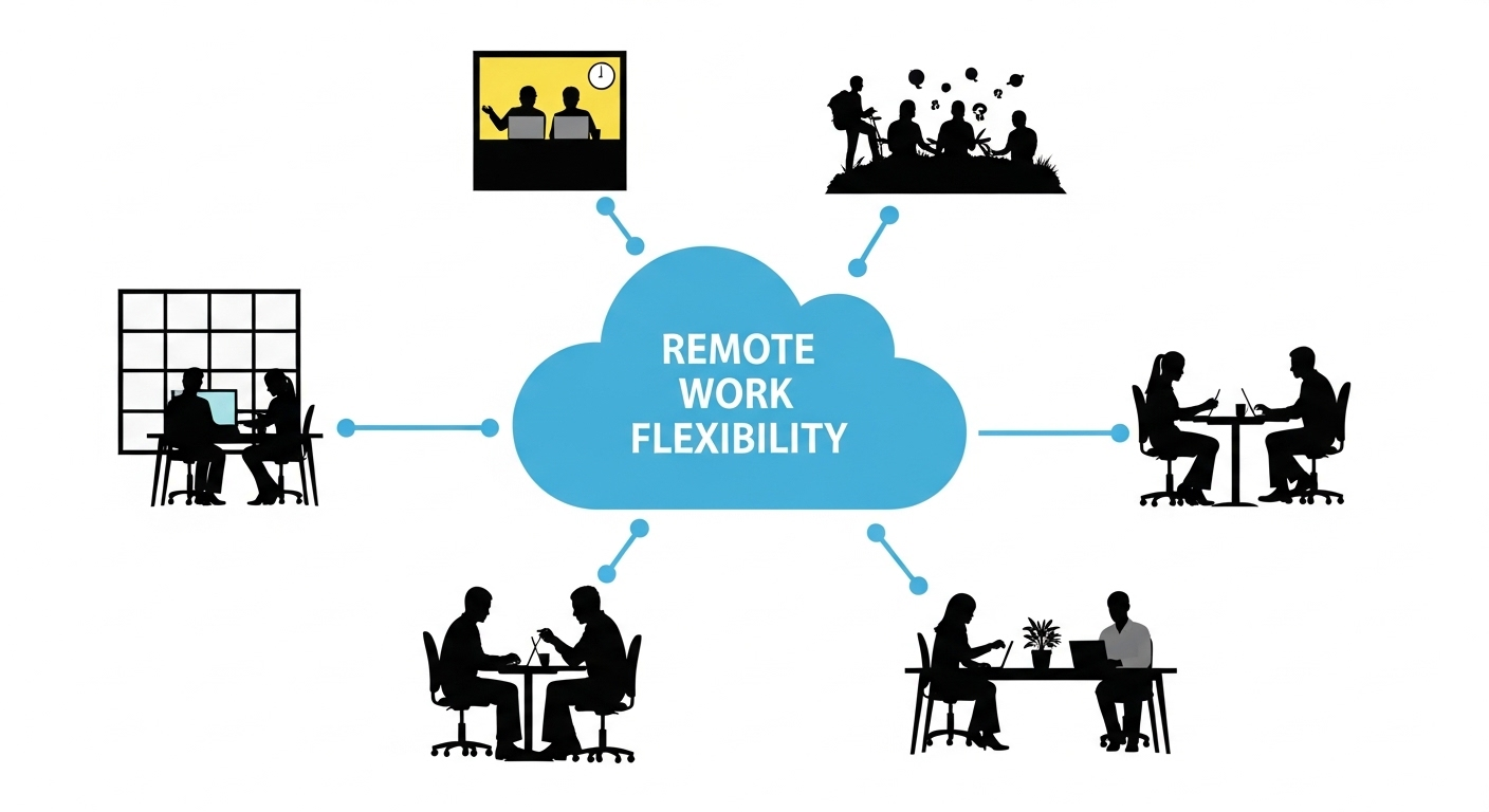 "Modern cloud VDI ecosystem illustration highlighting cost savings, security, scalability, and remote work flexibility.