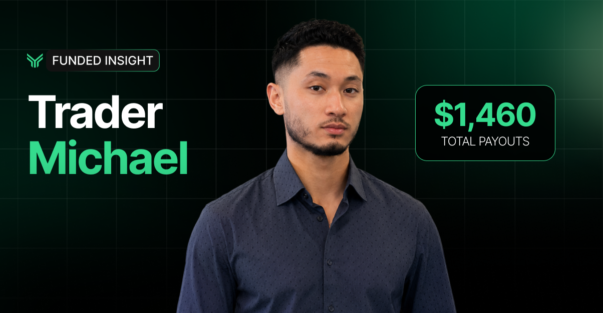 Funded Insight banner featuring Trader Michael, a young man in a navy button-up shirt against a dark green grid background, with a highlighted stat showing $1,460 in total payouts