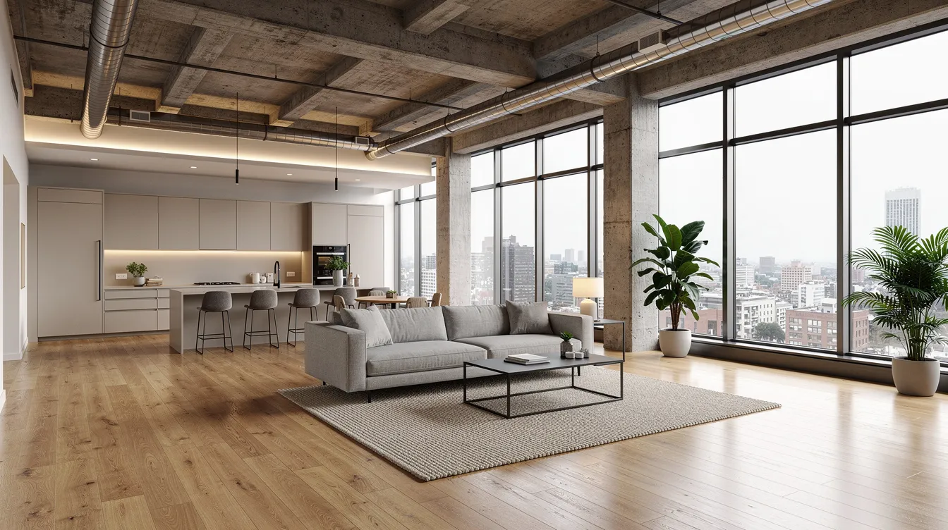 The image showcases a stylish open-concept loft interior featuring floor-to-ceiling windows that flood the space with natural light, complemented by an exposed concrete ceiling and pillars. This fully reimagined luxury residence is located near 75 Portland Street, within the vibrant Toronto entertainment district, surrounded by amazing restaurants, art galleries, and fashionable bars.