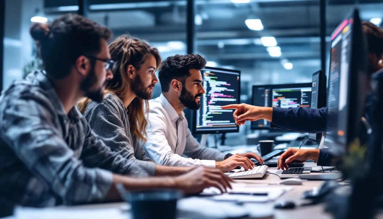 Ein Team von IT-Support-Spezialisten arbeitet zusammen, um Probleme zu lösen und Lösungen für IT-Anwendungen zu finden. Die Mitarbeiter diskutieren verschiedene Ansätze zur Unterstützung von Kunden und zur Optimierung der IT-Infrastruktur.