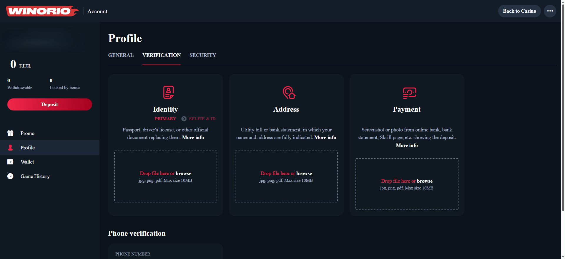 Winorio Casino profile verification