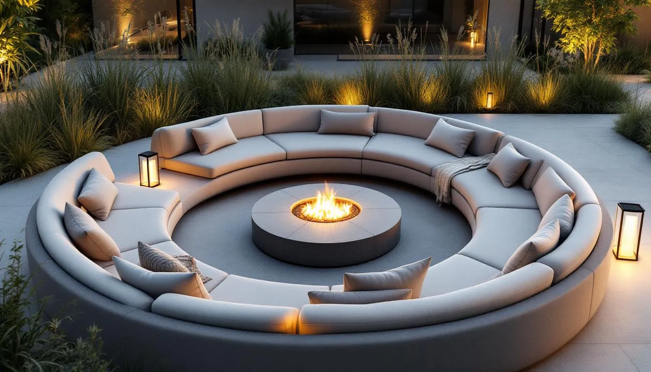 A cozy outdoor living area with comfortable seating and a fire pit, perfect for enhancing outdoor spaces.