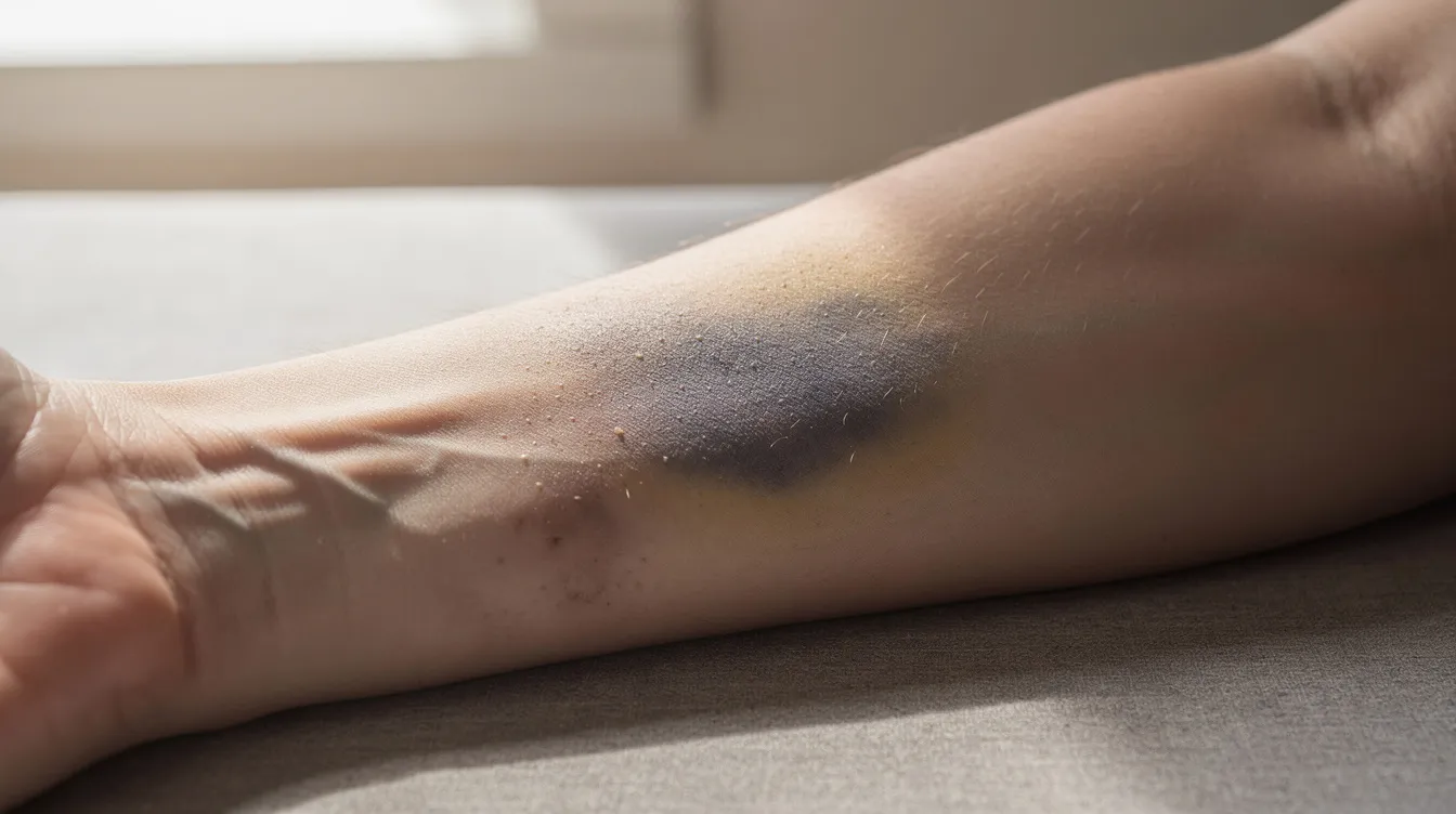 The image shows a person's forearm with a visible bruise, illuminated by natural daylight, highlighting the injury that may have resulted from a car accident. This close-up shot serves as an important piece of evidence for personal injury cases, emphasizing the need for medical attention and documentation of visible injuries.