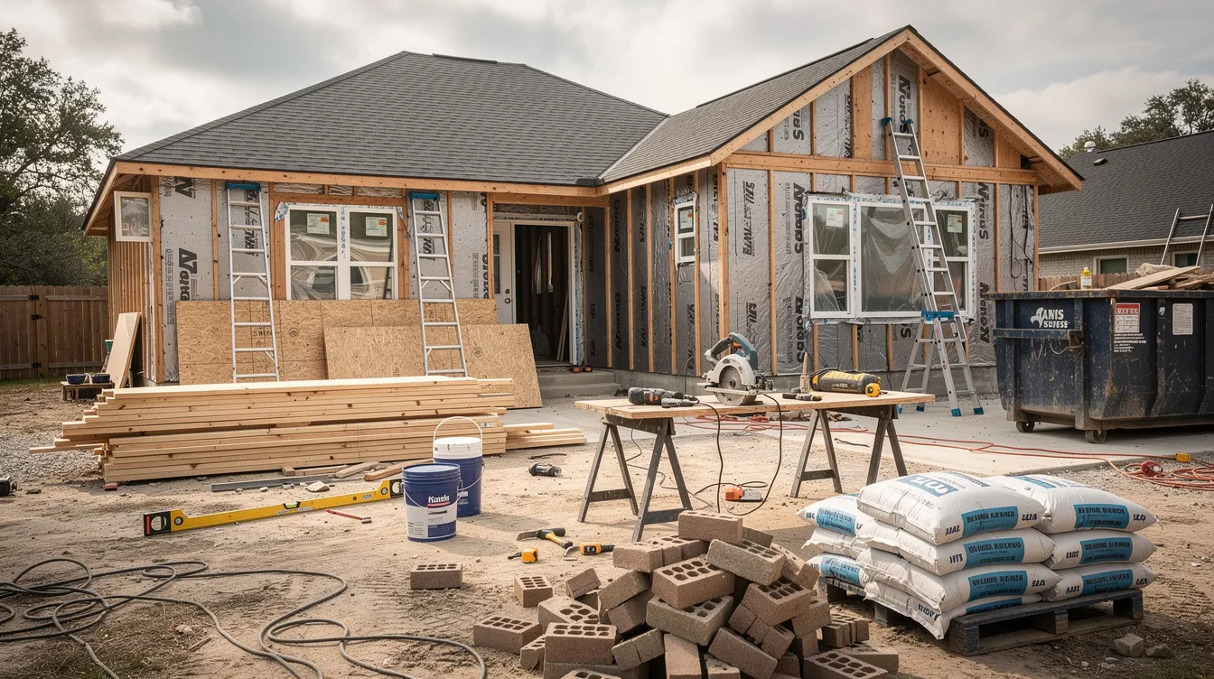 The image shows a house undergoing renovation, with various construction tools and building materials scattered around, indicating ongoing home improvements. This scene reflects the potential use of a home equity line or a home equity loan to finance such renovations, allowing homeowners to borrow money against their home equity for enhancements.