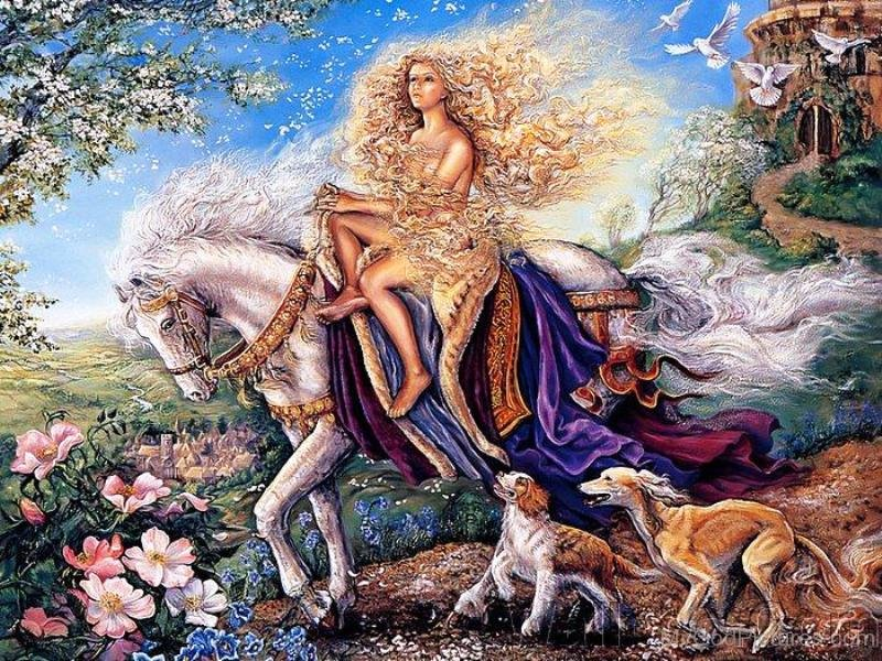 Goddess Epona is riding her white horse with her long her flowing all around her naked body. There are flowers surrounding the image while two dogs follow her horse.