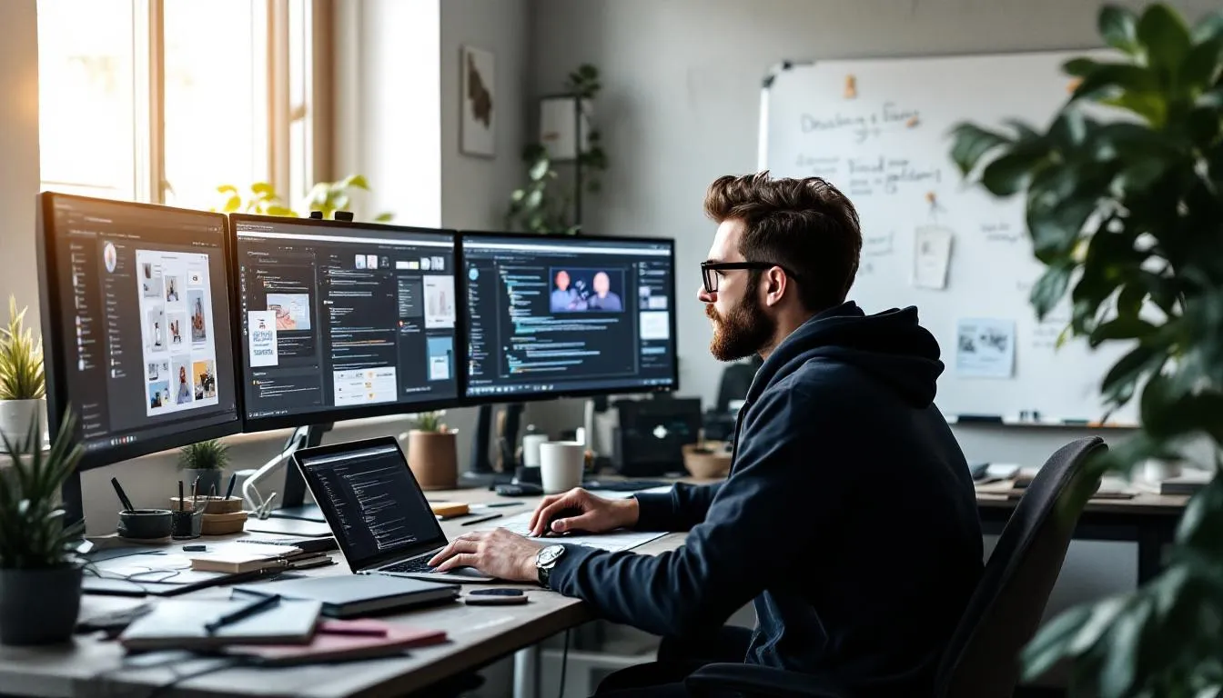 A creative professional is focused on a digital design project, surrounded by multiple monitors displaying various architectural plans and designs. This setting reflects the technical skills and knowledge required in the architecture and design industry, showcasing the tools used by architects and interior designers in their careers.