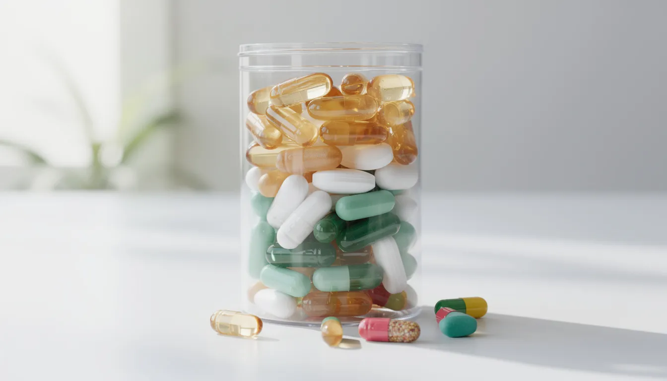 The image features various dietary supplement capsules displayed in a clear container, symbolizing health supplementation choices that may support cognitive function and combat cognitive decline. These supplements, including nicotinamide mononucleotide and nicotinamide riboside, are often researched for their potential benefits in improving mitochondrial function and overall brain health.