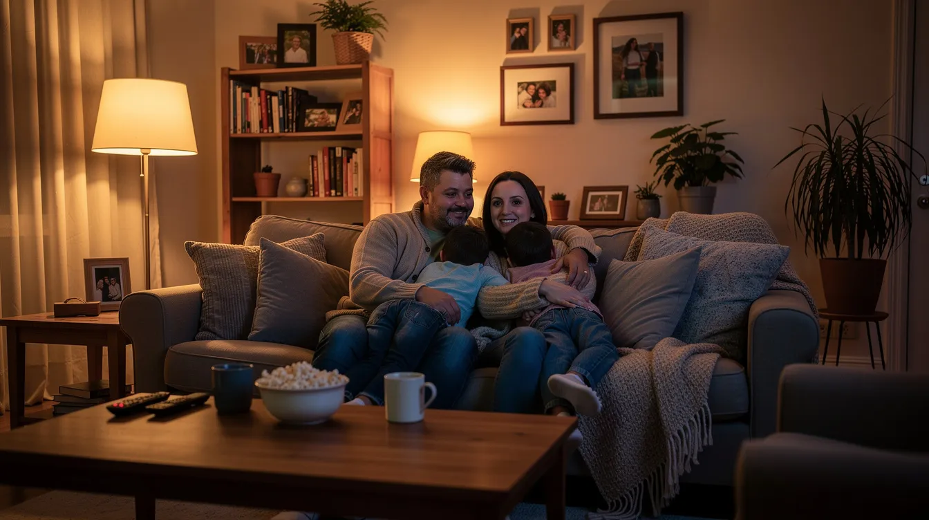 A family is gathered on a cozy couch in a warmly lit living room, enjoying a movie together on a large television. The scene captures a moment of togetherness as they watch live TV channels, highlighting the comfort of family bonding while streaming content on their favorite devices.