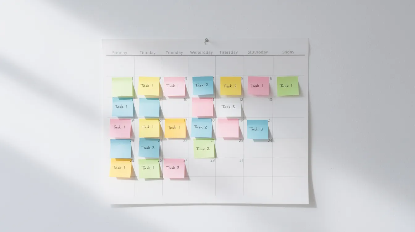 The image features a clean wall calendar adorned with colorful sticky notes arranged in a sequential pattern, suggesting a well-organized schedule for sales teams. This visual representation highlights the importance of planning in the outbound sales process and effective engagement with potential customers.