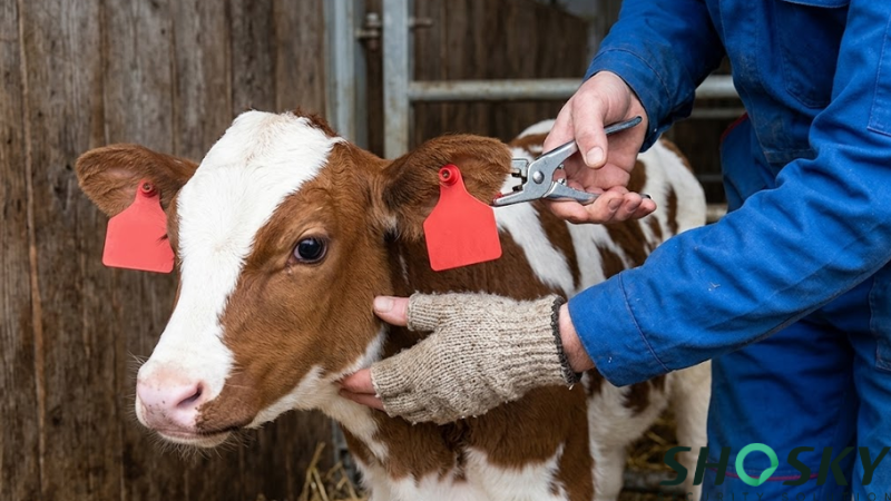 Farmer tagging a calf with livestock identification tags