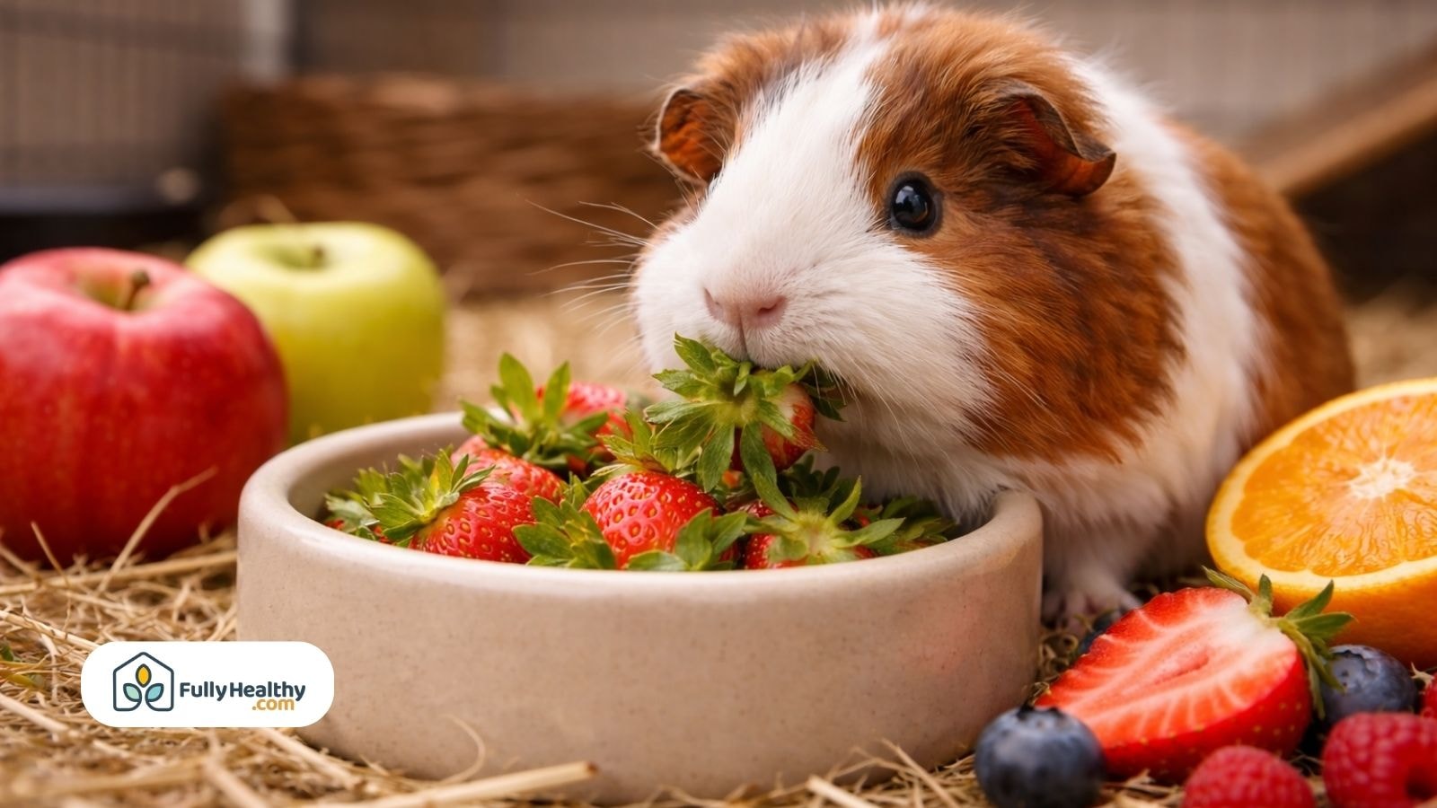 Guinea pig eating strawberry tops from bowl with apples and oranges