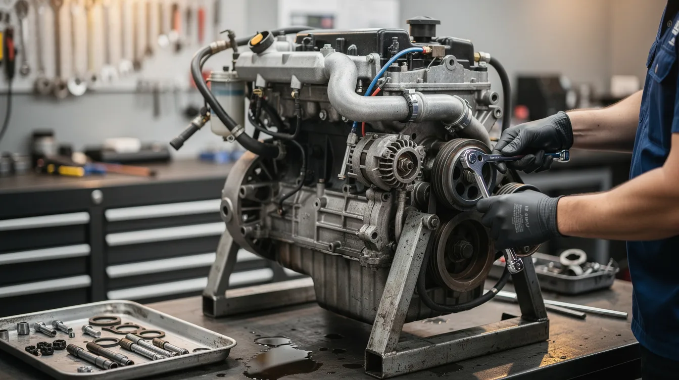 A compact diesel engine, specifically a Kubota V2403, is being serviced in a workshop, showcasing its aftertreatment unit and turbo components. The scene highlights the attention to detail in maintaining the engine's power and performance while excluding the cooling fan.