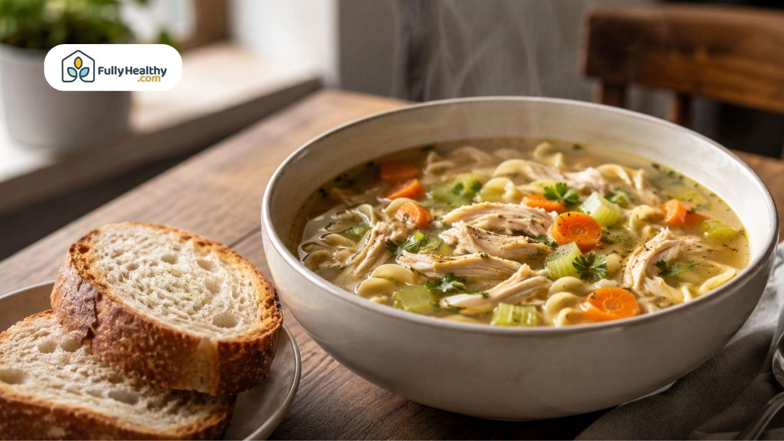 Chicken noodle soup served with crusty bread on a wooden table.