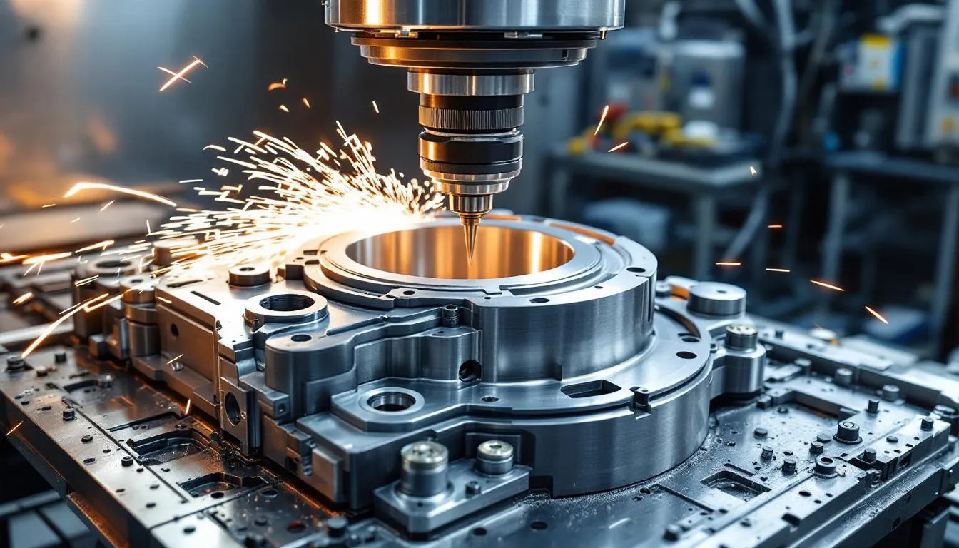 The image depicts a CNC machine actively engaged in five axis machining of a complex aerospace component, showcasing the intricate details of turbine blades being shaped with a cutting tool. The setup highlights the advanced capabilities of the machine, utilizing multiple rotary and linear axes to achieve high precision and optimal angles in a single setup.