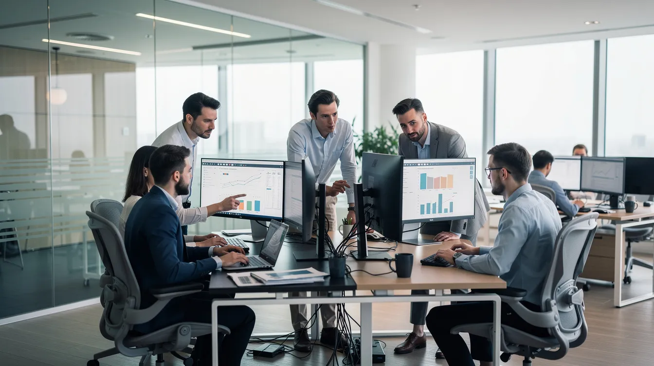 The image depicts a professional team collaborating at computer monitors in a sleek, modern office environment, emphasizing teamwork and productivity. This setting reflects the analytical nature of their work, likely involving economic indicators such as the consumer price index (CPI) and its impact on inflation rates and financial markets.