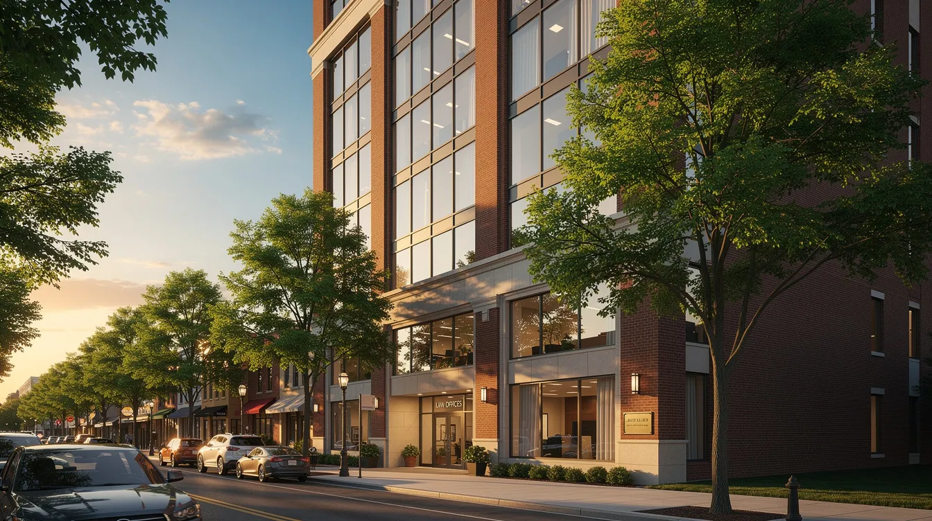 The image depicts a professional law office building situated on a tree-lined street in Nashville, emphasizing the city’s vibrant atmosphere. This location likely serves as a hub for Nashville intellectual property lawyers, focusing on entertainment law and providing legal services to creative individuals and companies in the music industry.