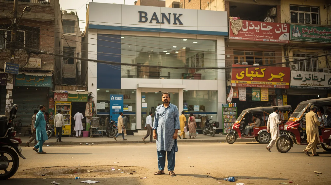 A person stands outside a busy branch of a national bank in a vibrant Pakistani city, surrounded by bustling streets and pedestrians. This scene captures the essence of urban life where individuals may be looking to send money or manage their bank accounts for various transactions.