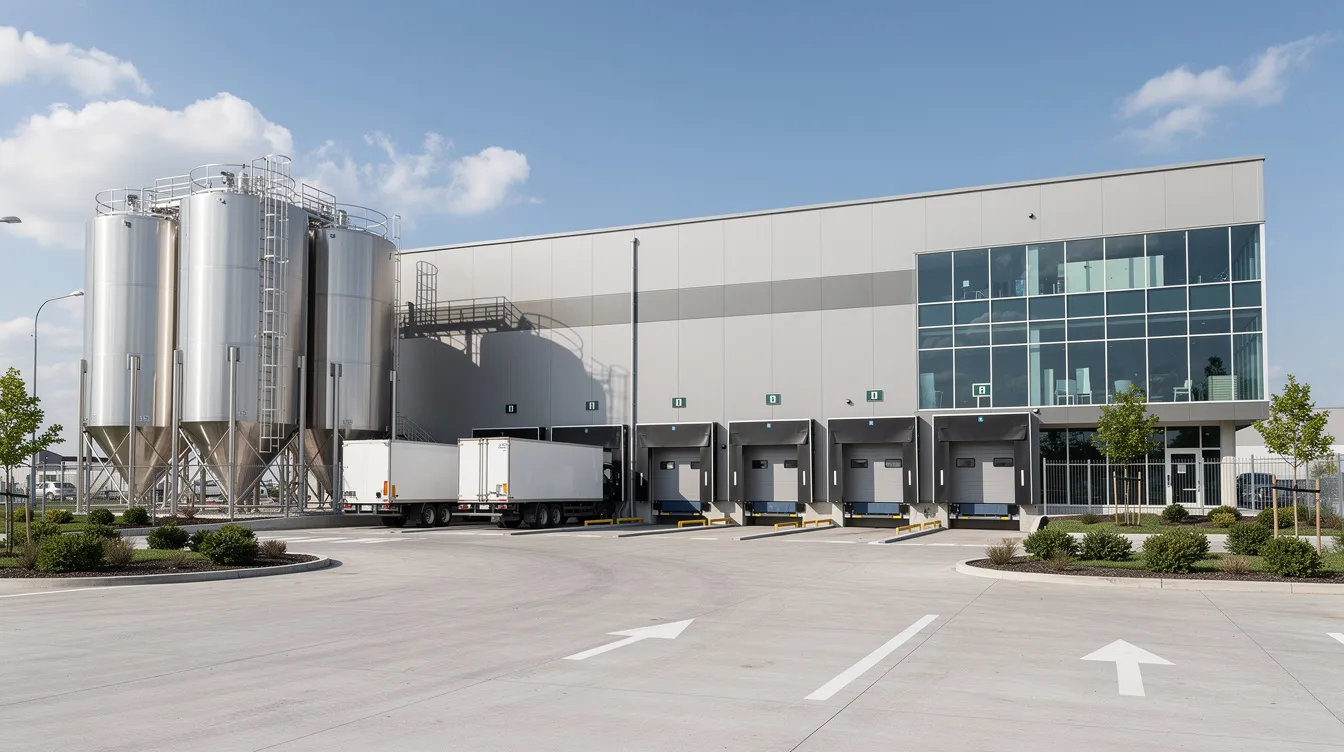 The image depicts the exterior of a modern dairy processing factory, featuring large stainless steel silos and multiple loading docks. This uht milk processing plant is designed for efficient production and packaging of dairy products, ensuring long shelf life and high-quality standards.
