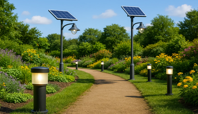 LED bollards assisted with solar panels illuminating a landscaped resort garden pathway.