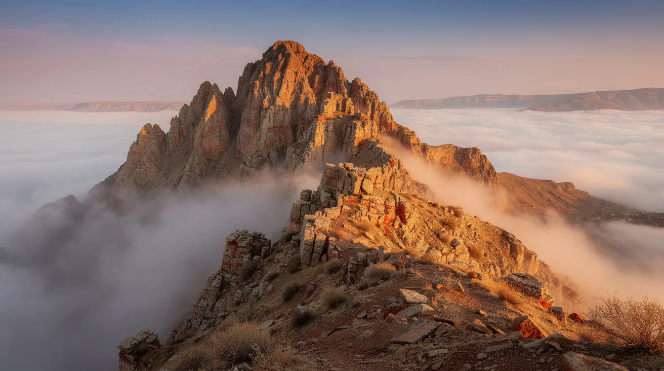 The image depicts a rugged rocky mountain peak surrounded by clouds at sunrise, reminiscent of an ancient Middle Eastern landscape. This scene evokes the spiritual significance of mountains in sacred scripture, such as Mount Sinai, where the Israelites wandered during their forty years in the wilderness, symbolizing a great task of faith and self-examination.