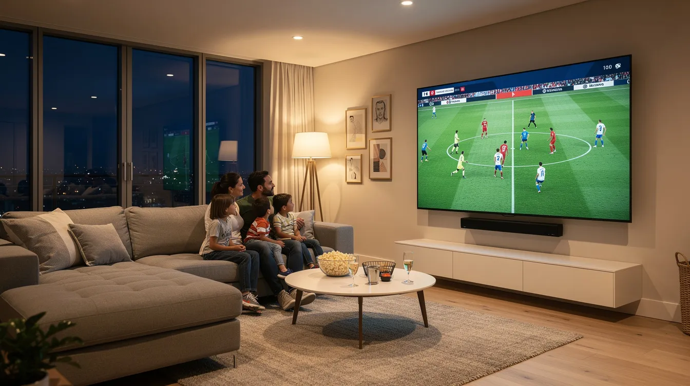 A modern living room features a family gathered together, intently watching a large flat-screen smart TV that displays a live soccer match. The scene captures the excitement of live sports, showcasing the family's enjoyment of their IPTV service, which provides access to premium channels and live TV.