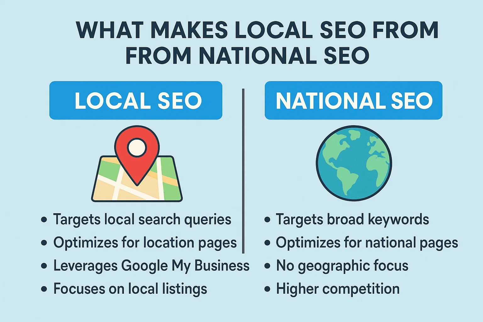 A side by side comparison of what local and national SEO does