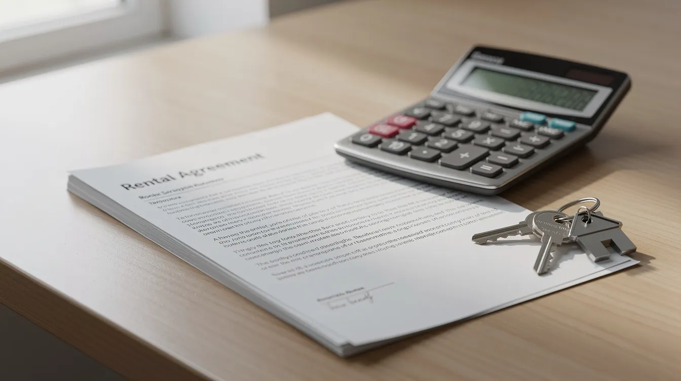 The image features a calculator placed next to rental property documents and keys, symbolizing the financial aspects of real estate investments. This setup highlights the importance of tax strategies like cost segregation and accelerated depreciation for maximizing tax savings and improving cash flow for property owners.