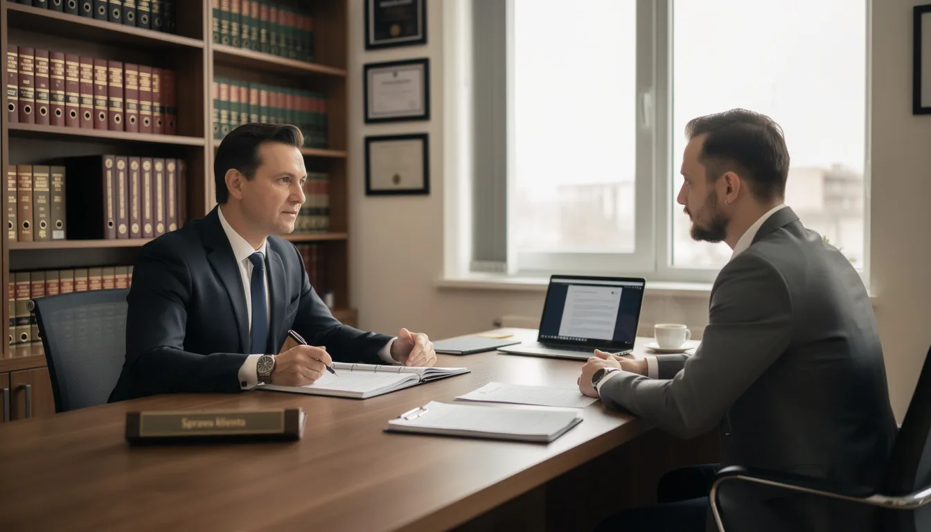 Na zdjęciu prawnik rozmawia z klientem przy biurku, omawiając szczegóły dotyczące poręczenia majątkowego oraz jego wpływu na postępowanie przygotowawcze. W tle widać dokumenty prawne oraz akcesoria biurowe, co podkreśla formalny charakter rozmowy.