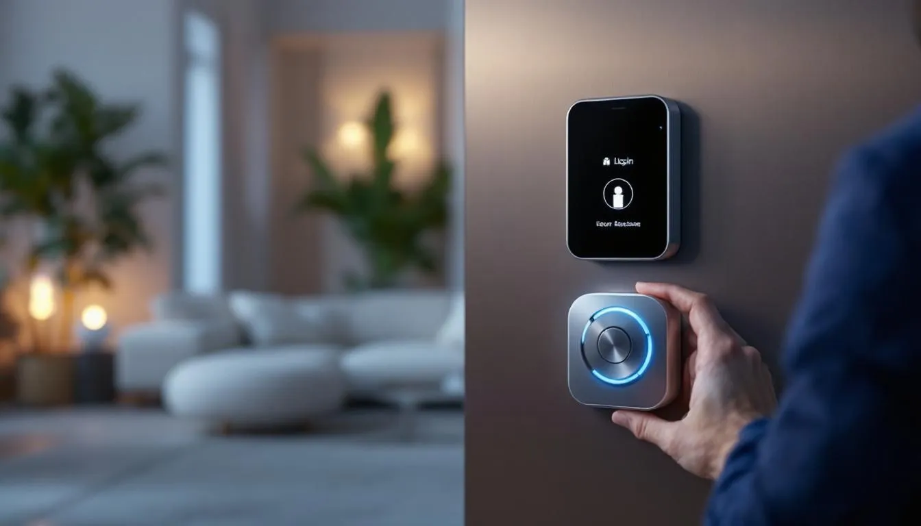 A smart door lock being accessed remotely via a mobile device, illustrating remote assistance and diagnostics.