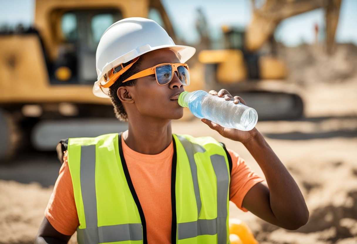 Young outdoor worker wearing a safety vest and hard hat takes a water break in the shade at a sunny construction site, with visible heat safety equipment like a cooler and water bottles nearby, promoting awareness of heat illness prevention for young employees.