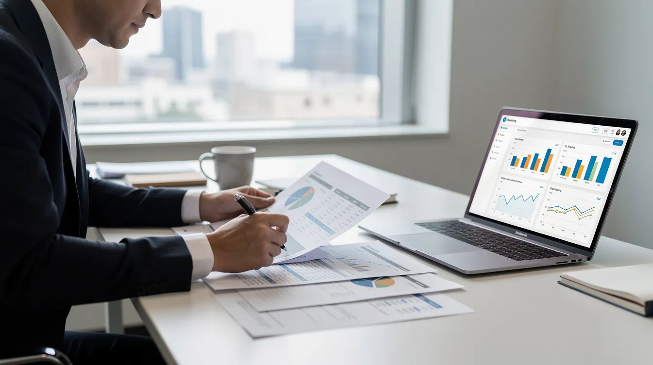 A professional is seated at a desk, reviewing printed financial reports while a laptop displays various charts related to the milk powder industry. The scene suggests a focus on the financial analysis and operational costs associated with a milk powder manufacturing plant.