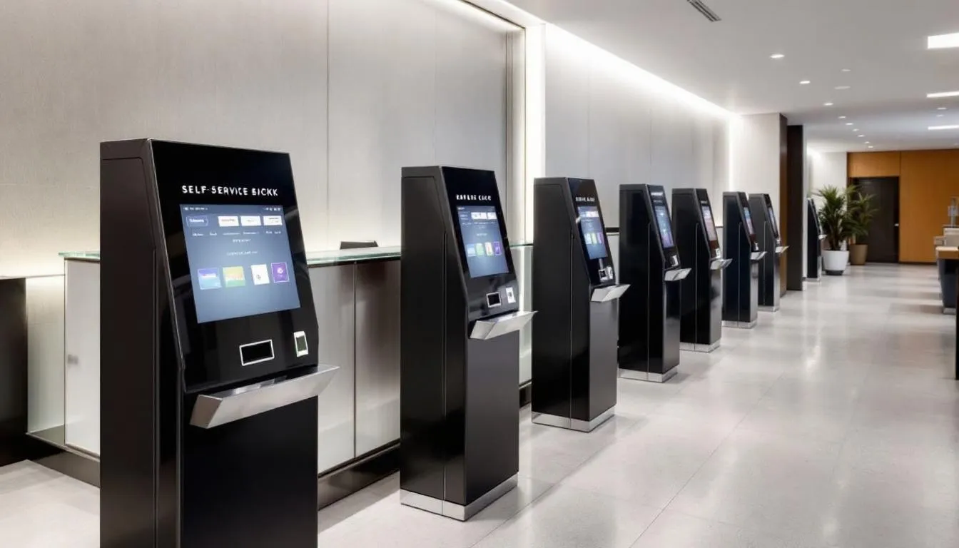 The image depicts a modern hotel lobby featuring sleek self-service payment kiosks where guests can easily complete their hotel payment process using various methods such as credit and debit cards, mobile payment solutions like Apple Pay and Google Pay, or traditional payment methods. The inviting atmosphere enhances guest satisfaction while providing efficient hotel payment options.