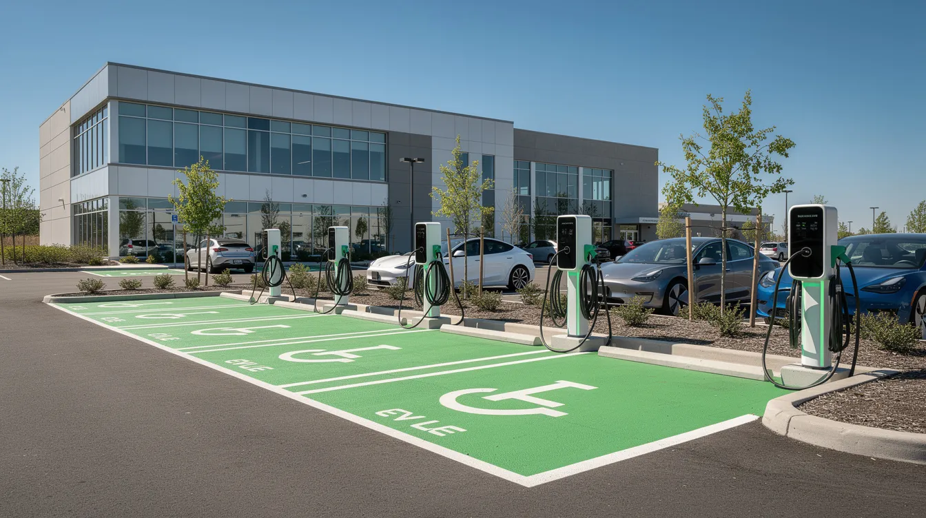 The image depicts a commercial building parking lot featuring newly installed electric vehicle chargers under a clear blue sky, highlighting the growing electric vehicle infrastructure. This installation reflects the efforts of evitp certified electricians who have undergone rigorous training to ensure compliance with safety standards and regulations for electric vehicle supply equipment.
