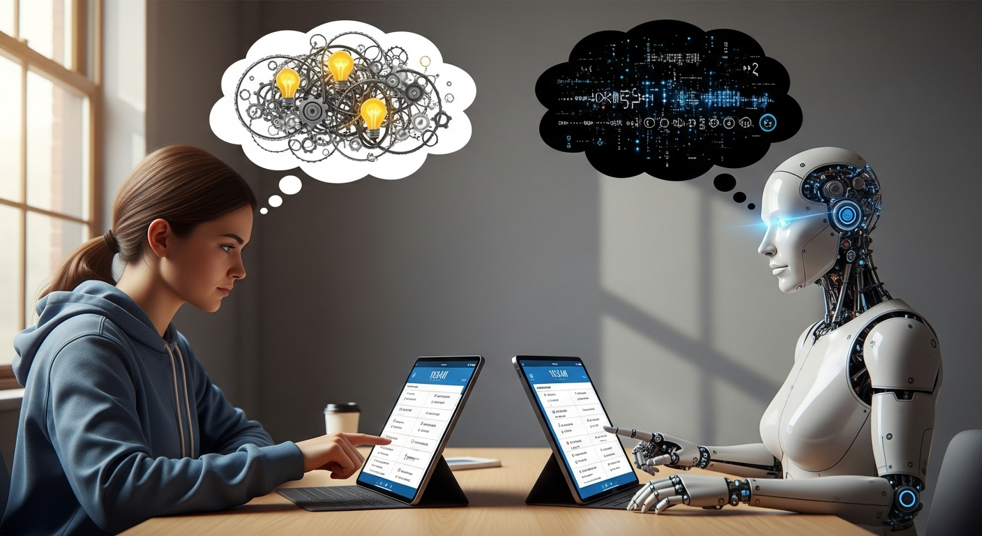 Student and AI model both taking a digital SAT, showing pattern recognition versus human reasoning.