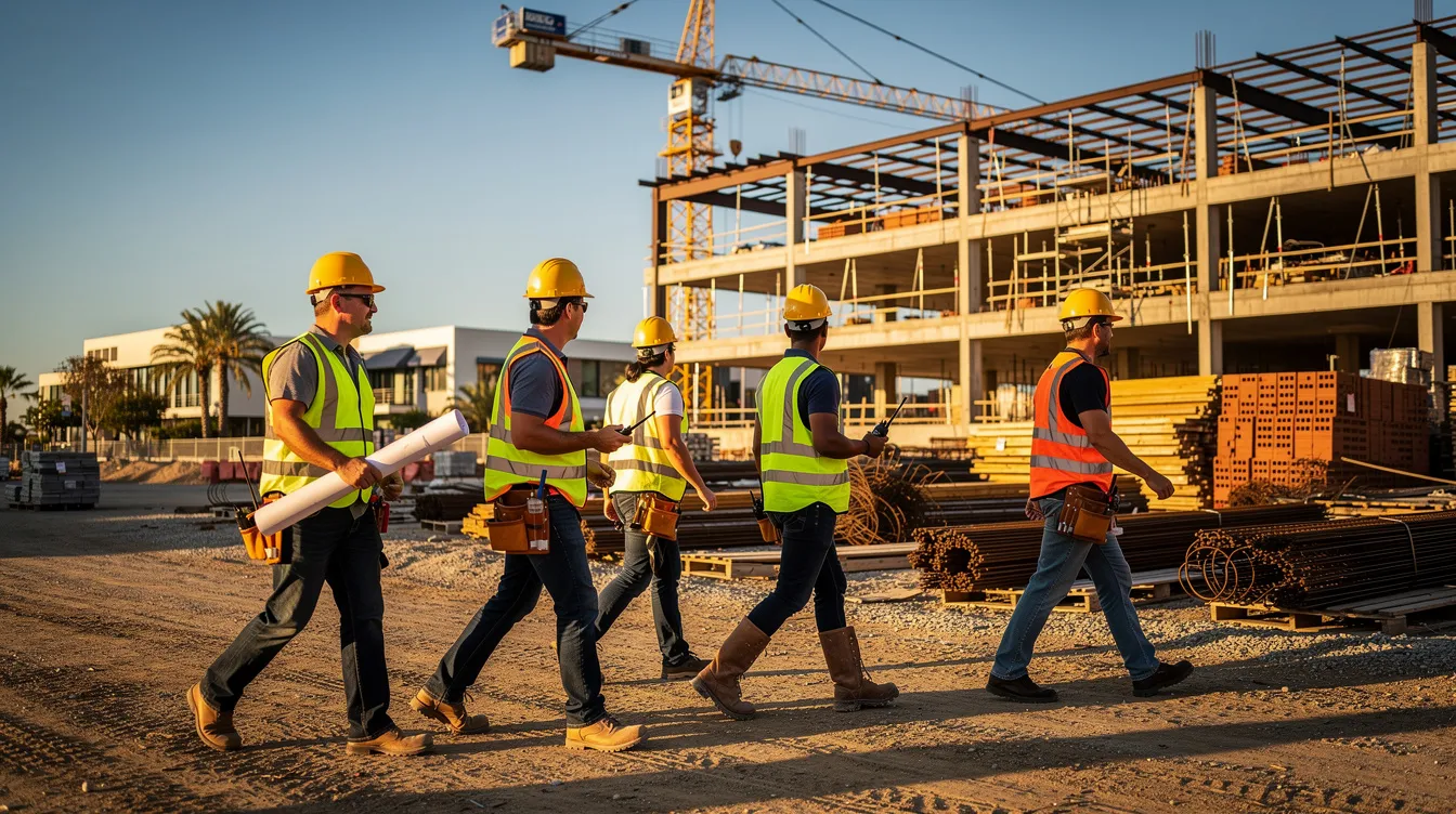 A group of construction workers in hard hats and safety vests is walking across an active commercial building site, surrounded by construction equipment and materials under a warm sun. This scene highlights the dynamic environment of the construction industry, showcasing the teamwork and skills essential for successful project completion.
