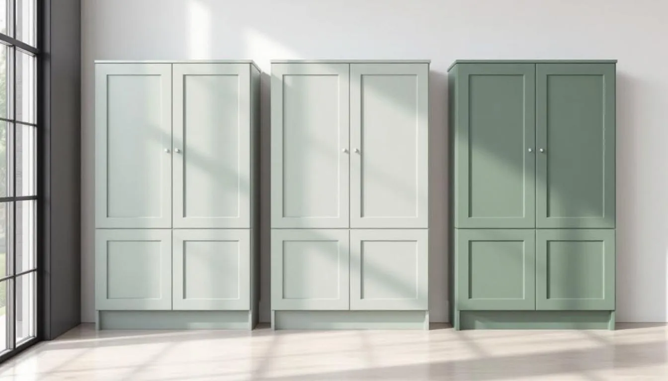 The image showcases a comparison of various sage green cabinet colors, including Sherwin Williams Clary Sage and Benjamin Moore Saybrook Sage, all displayed in natural lighting. This visual highlights the soft, muted tones of the cabinets, creating a cozy and inviting atmosphere ideal for kitchen renovations.