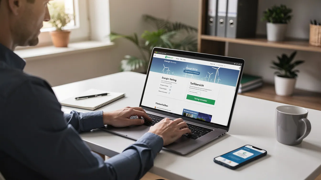 Eine Person sitzt an einem Schreibtisch und nutzt einen Laptop, um Energie-Verträge online zu verwalten. Sie scheint konzentriert zu sein, während sie Informationen zu Stromanbietern und Tarifen im Kundenportal von enstroga abruft.