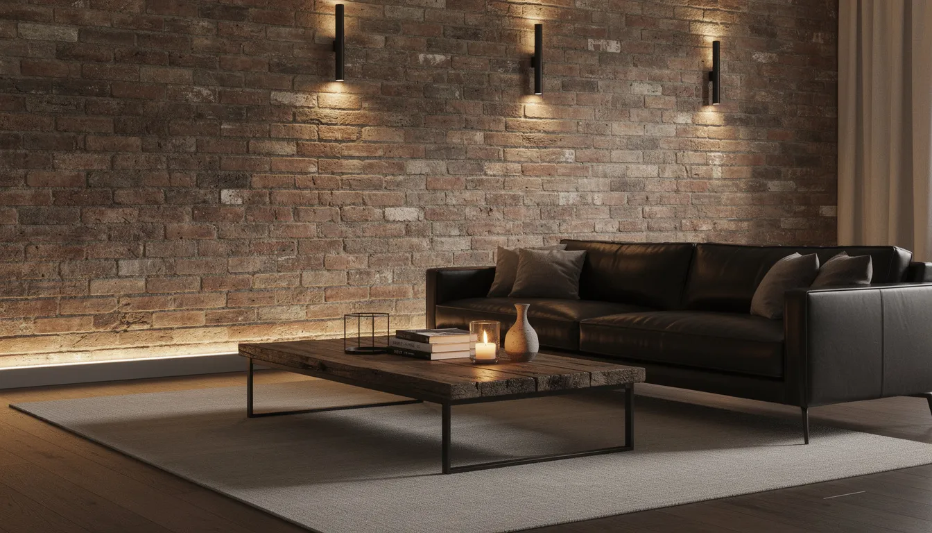 Een luxe woonkamer met een donkere leren bank en een industriële salontafel, omgeven door baksteenlook wandpanelen die sfeervol verlicht zijn. De akoestische wandpanelen dragen bij aan een unieke uitstraling en bieden geluidsisolatie in deze stijlvolle woonruimte.
