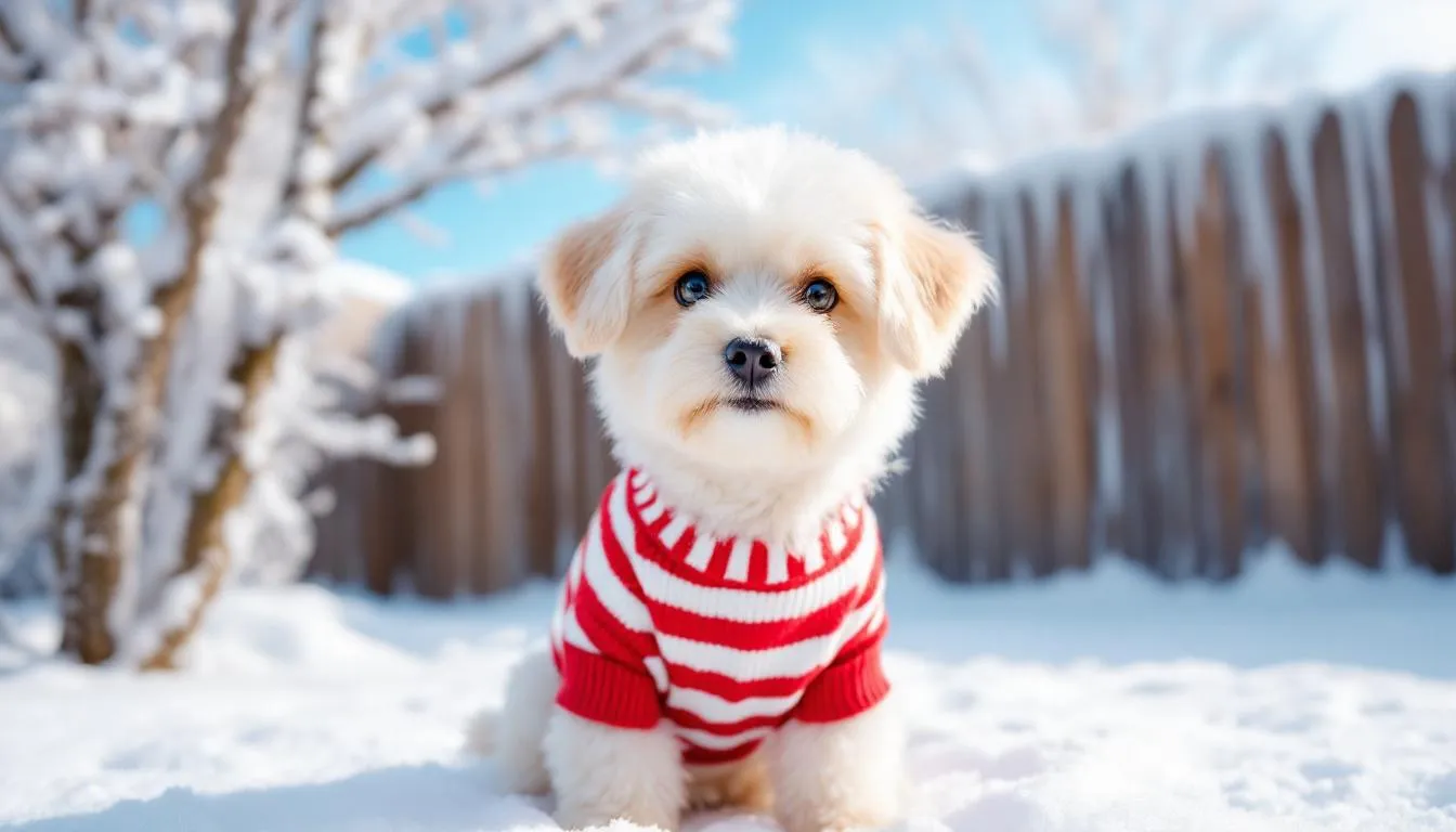 A tiny dog breed, wearing a colorful sweater, is playfully standing outdoors in a wintery landscape, surrounded by snow. This small dog, resembling a Yorkshire terrier, showcases its adorable features and warm attire amidst the chilly weather.