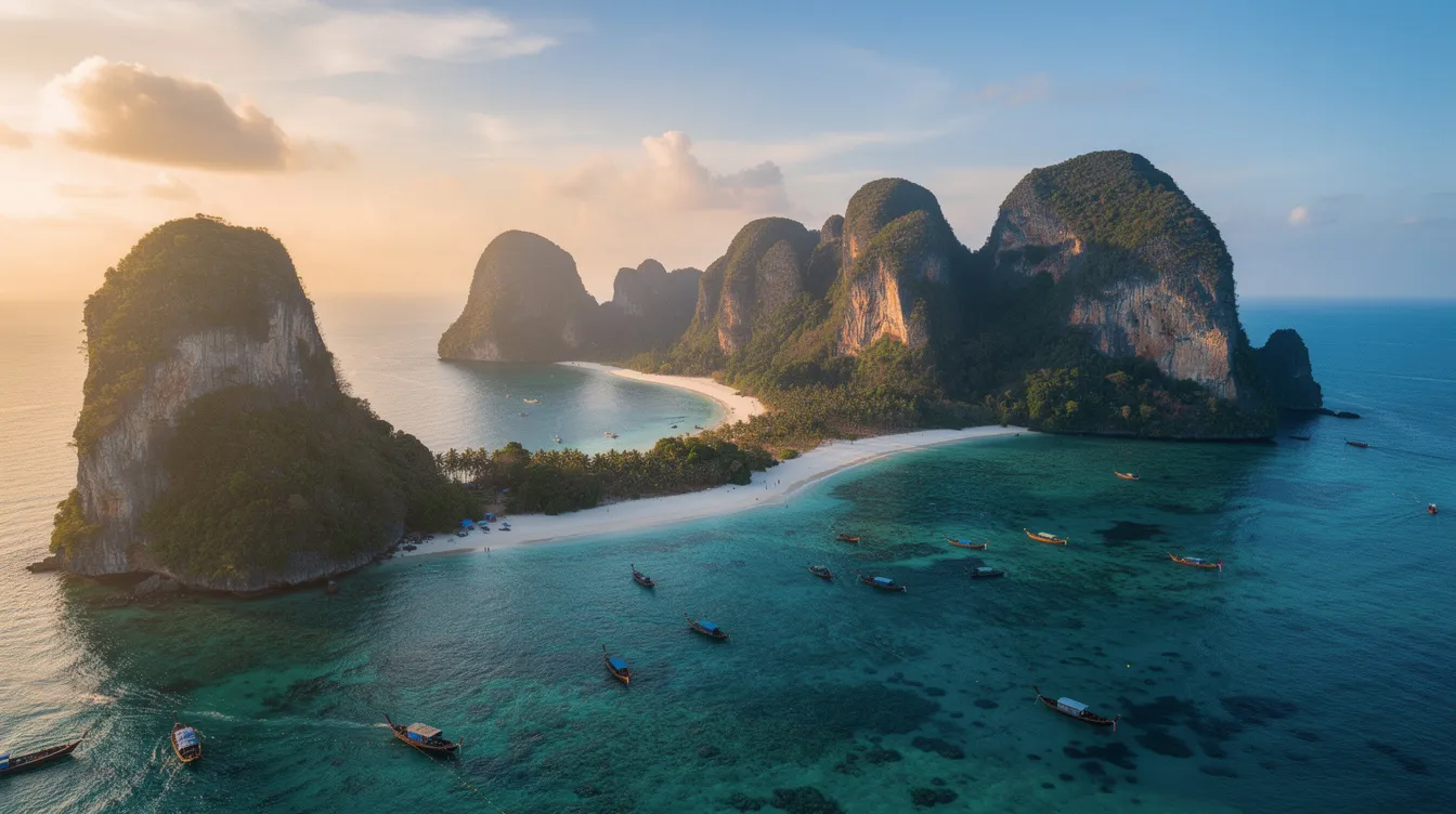 A imagem apresenta as deslumbrantes ilhas da Tailândia, incluindo a famosa Koh Phi Phi, com suas praias de areia branca e águas cristalinas. O cenário é complementado por imponentes paredões de rocha e vegetação exuberante, criando um verdadeiro paraíso tropical.