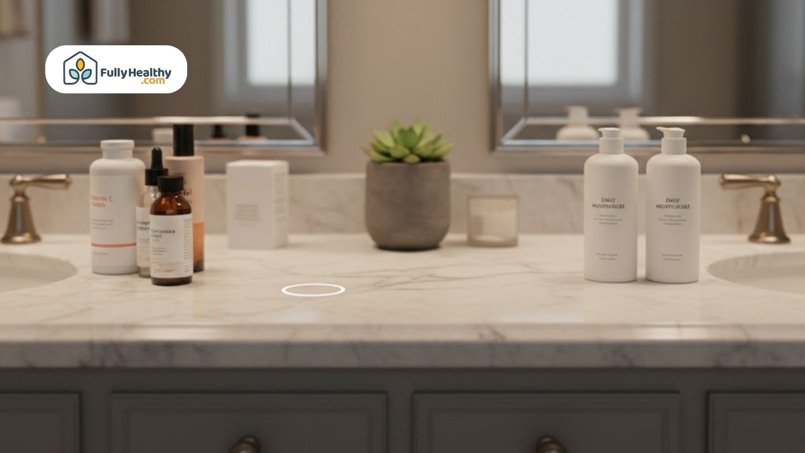 Skincare and supplement products arranged neatly on bathroom counter