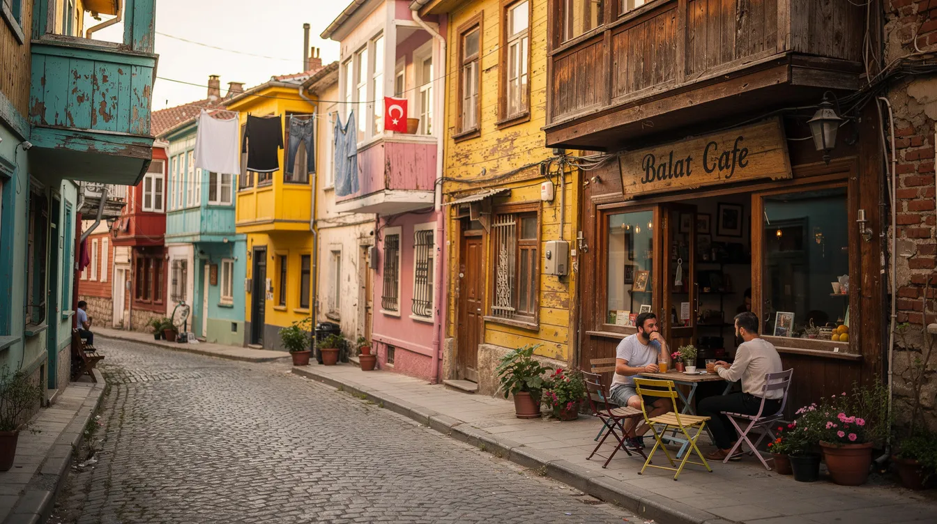 The image showcases a vibrant street in Istanbul's Balat neighborhood, featuring charming painted wooden houses and a quaint vintage cafe with outdoor seating, perfect for enjoying a traditional Turkish breakfast spread. The scene is lively and colorful, inviting visitors to indulge in delicious food and experience the local atmosphere.