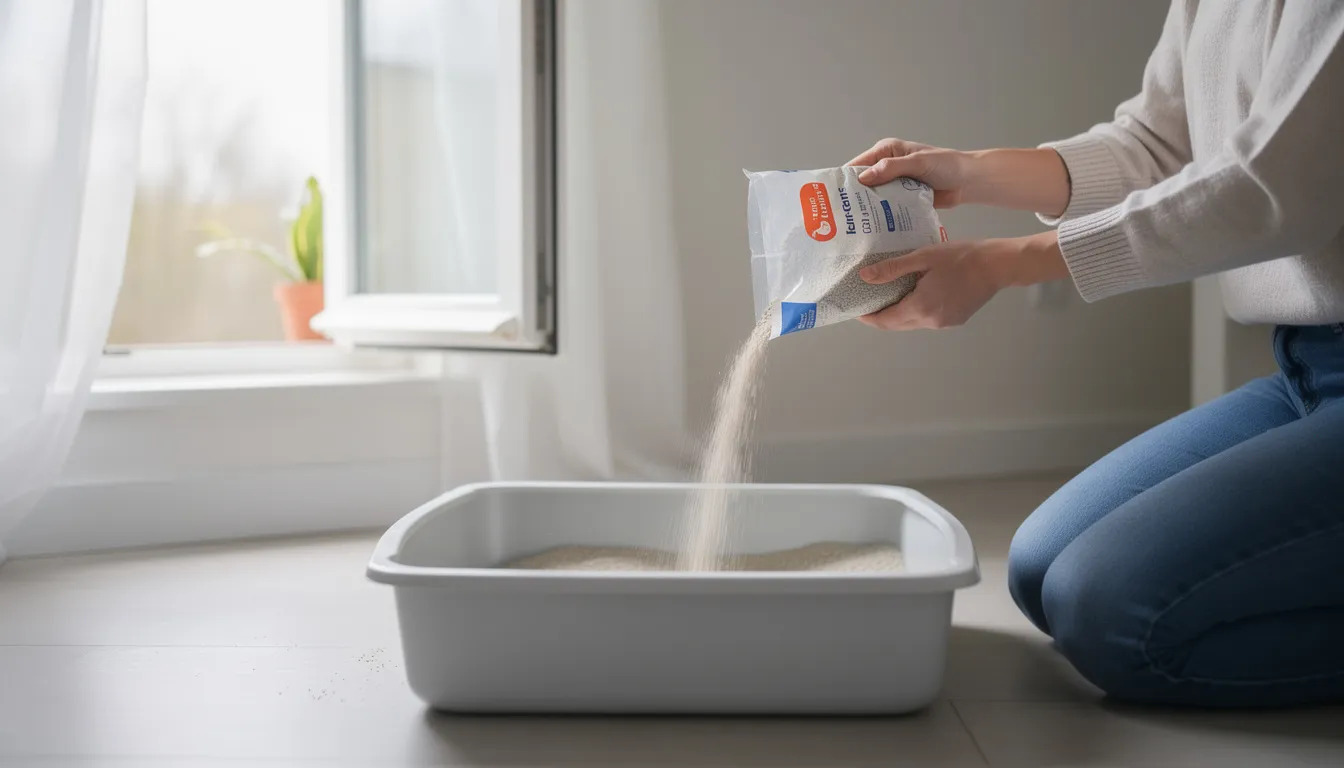 A person is gently pouring cat litter into a clean litter box in a well-ventilated room with an open window, ensuring minimal dust and maintaining a healthy environment for their household pets. The scene highlights the importance of using low dust or dust-free litter for the cat's health and to control odor effectively.
