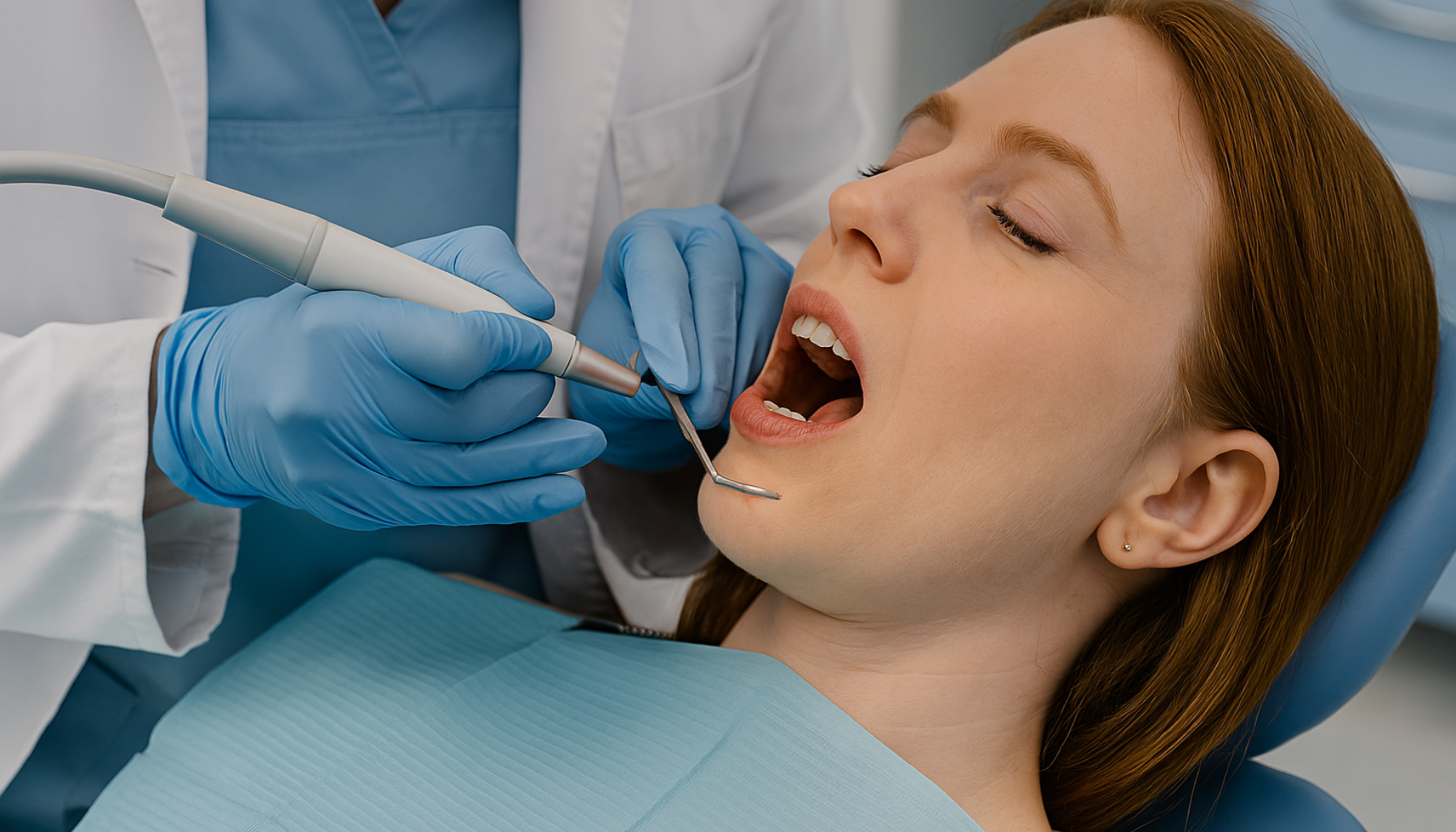 Tannlege behandler pasient med tannkjøttbetennelse ved bruk av ultralydverktøy, profesjonell klinikk med sterilt og lyst miljø.