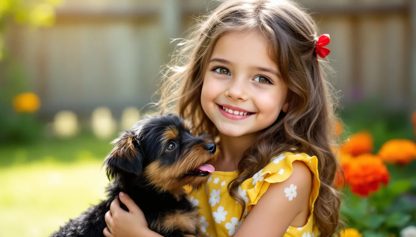 An older child is gently holding a small Russian Toy Terrier dog, showcasing the dog's smooth coat and playful demeanor. The child appears happy and engaged, reflecting the companionship that this toy breed offers.