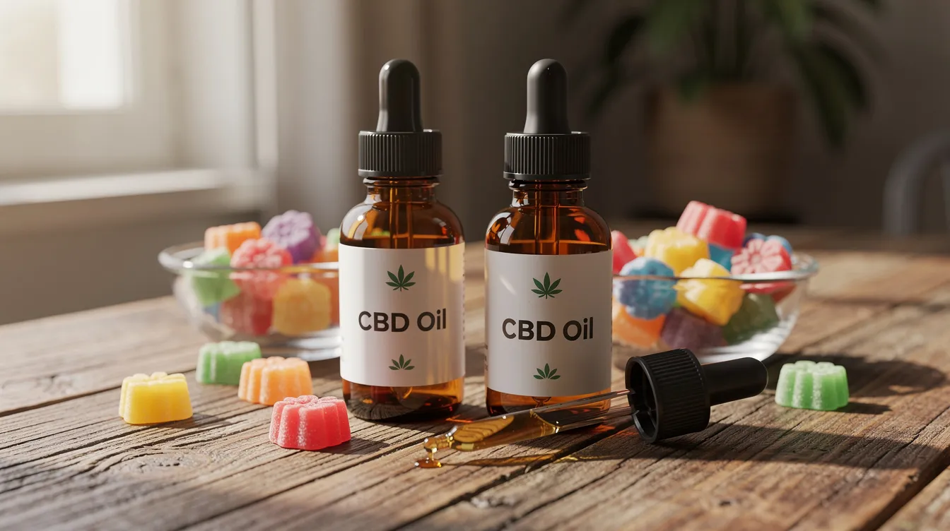 The image features an arrangement of CBD oil dropper bottles and gummy supplements on a rustic wooden table, highlighting various hemp-derived products. This visual representation reflects the growing interest in medical cannabis and its legal status, particularly in states like Utah, where thca is legal under certain conditions.